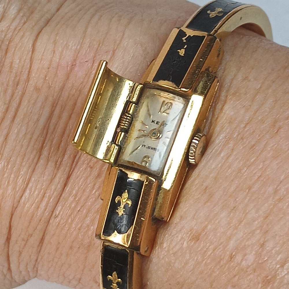 VTG Swiss Kent Enamel Bangle Hidden Watch Gold Filled 17 Jewels As-is For Parts